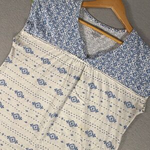 Sonoma Life Style Women's Blue White Geometric V-Neck Cap Sleeve Top Size L